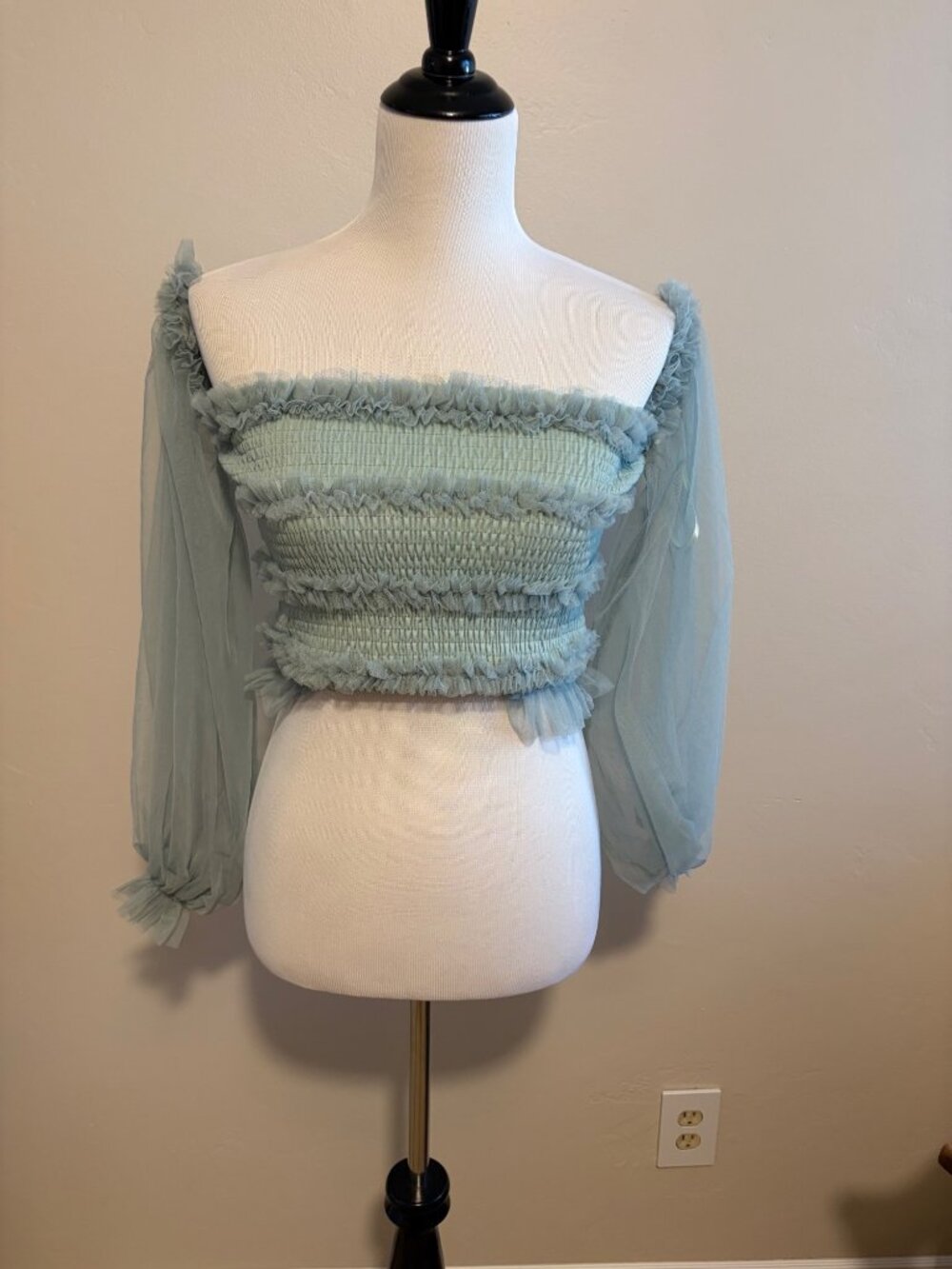 Mable Light Green Off-Shoulder Smocked Top With Sheer Long Sleeves & Ruffle S